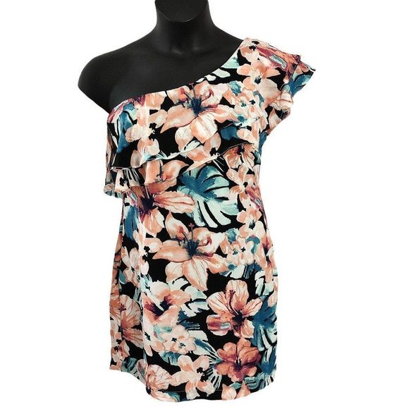 Olivaceous Dresses & Skirts - Olivaceous One Shoulder Floral Mini Dress Black